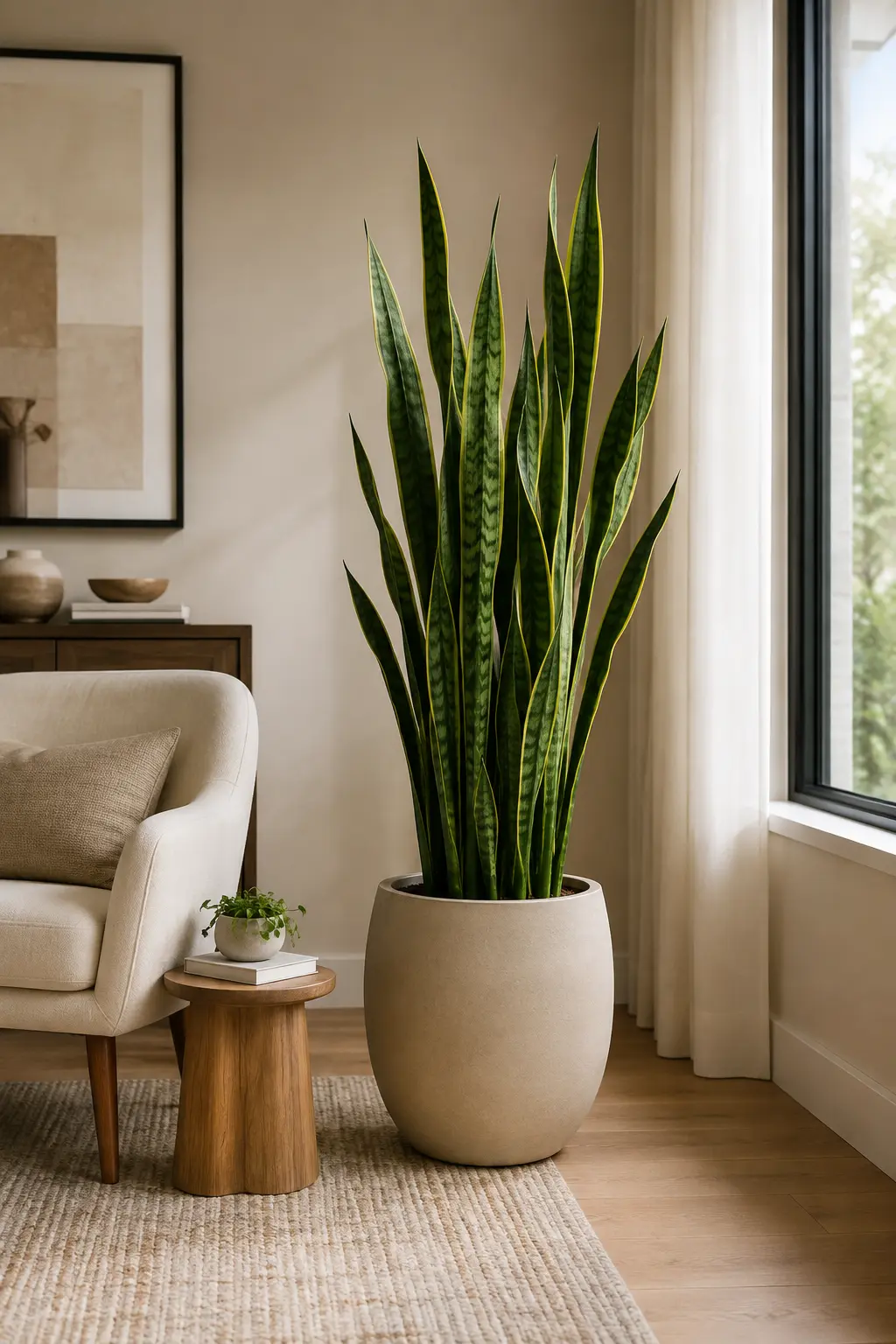 Tall Snake Plant with upright green and yellow patterned leaves in a large textured neutral ceramic planter beside a cream accent chair, wooden side table, soft rug, framed artwork, and a bright window in a warm modern living room.