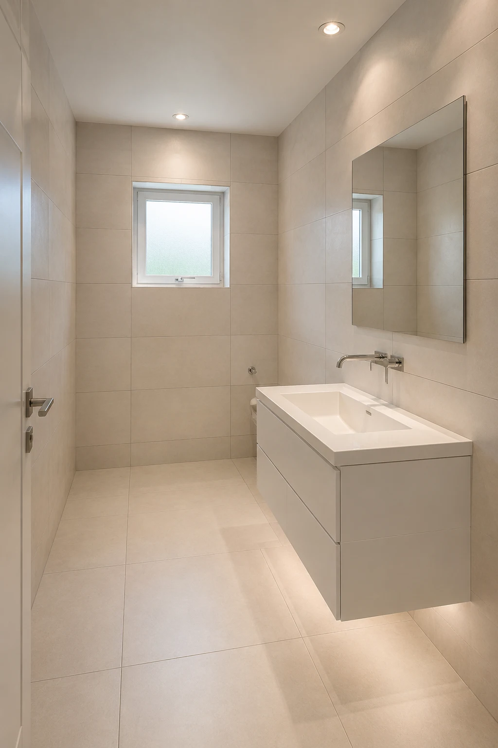Small modern bathroom featuring large format warm beige porcelain tiles across the walls and floor, creating a seamless low grout look. The space includes a streamlined white vanity, large rectangular wall mirror, minimalist chrome faucet, recessed ceiling lighting, and an open contemporary layout designed to make the compact bathroom feel spacious and luxurious.