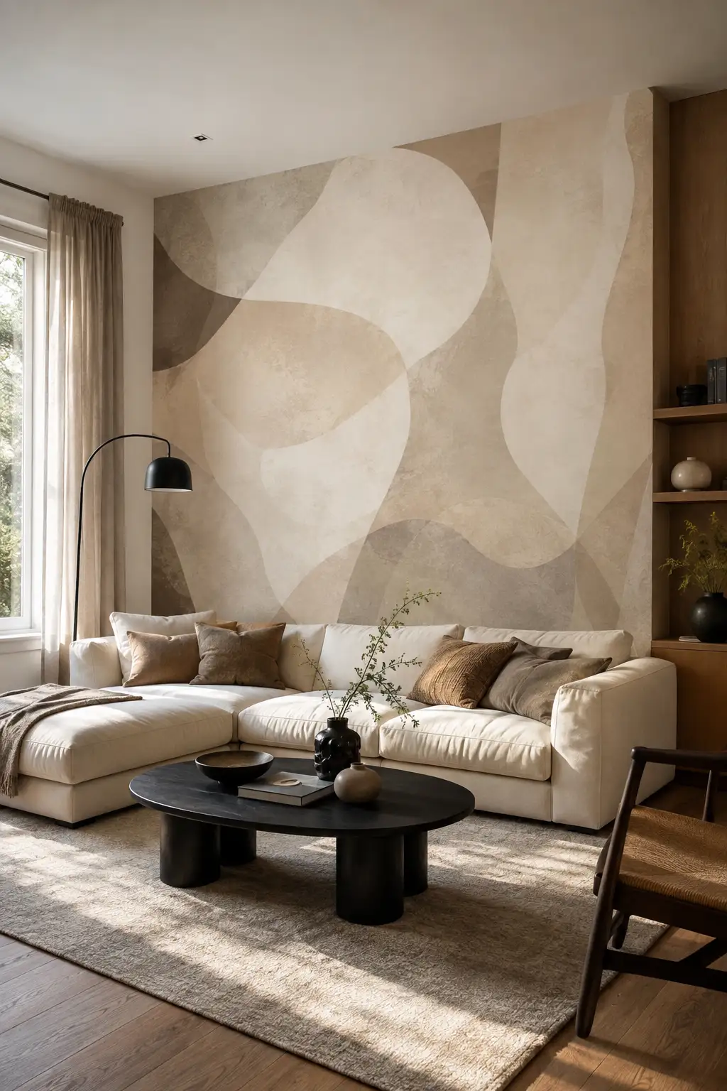 Modern living room featuring soft beige abstract wallpaper with oversized organic shapes in cream, taupe, and warm beige, styled with a large cream sectional sofa, black oval coffee table, neutral textured rug, black floor lamp, warm wood shelving, natural daylight, and sophisticated contemporary home decor.