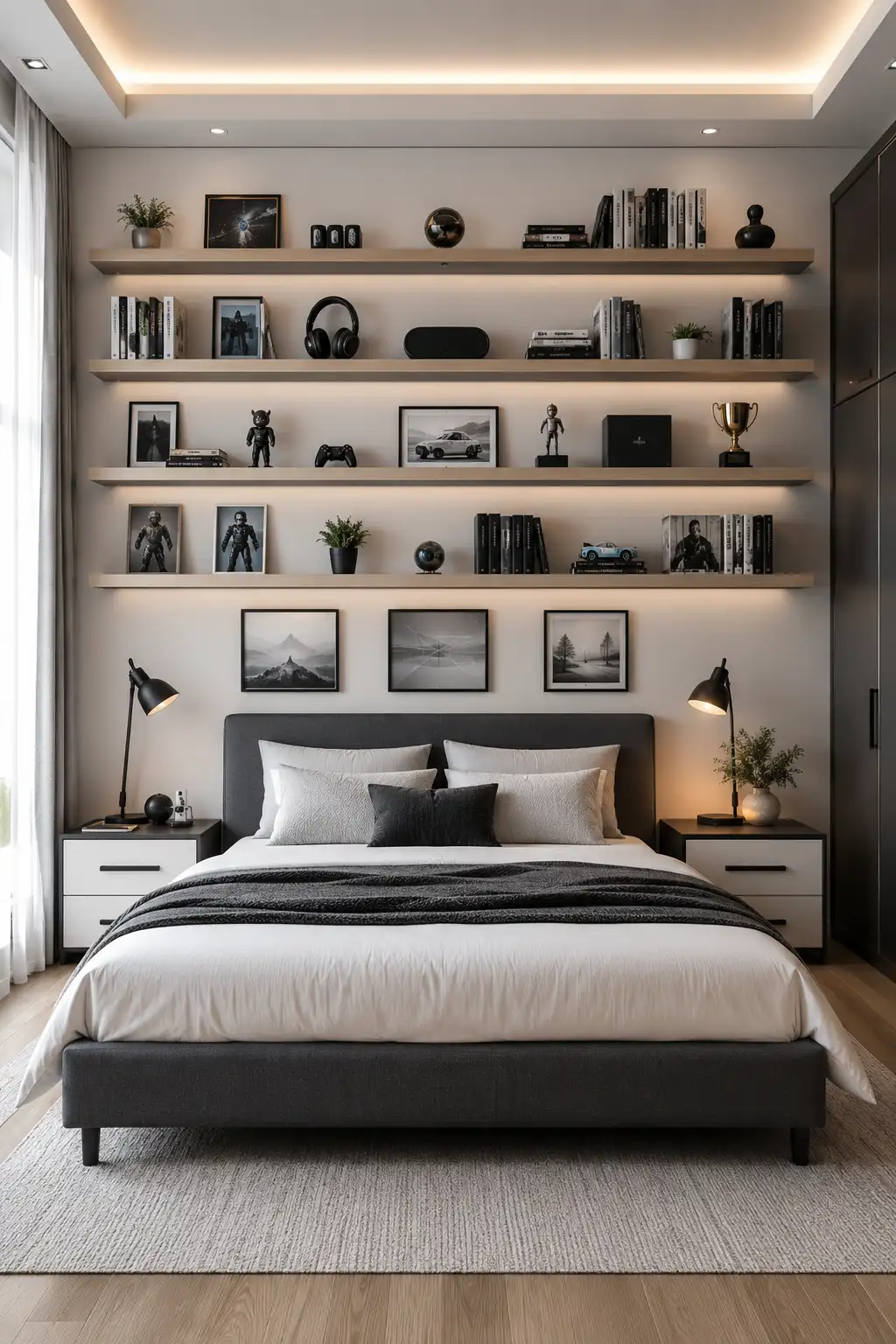 Modern teen bedroom featuring a full wall of long floating shelves arranged above a contemporary upholstered bed, with books, framed photographs, headphones, small plants, collectibles, artwork, trophies, and stylish accessories displayed in an organized modern arrangement. The bedroom uses neutral colors, black accents, warm lighting, and clean contemporary furniture for a sophisticated DIY room decor look.
