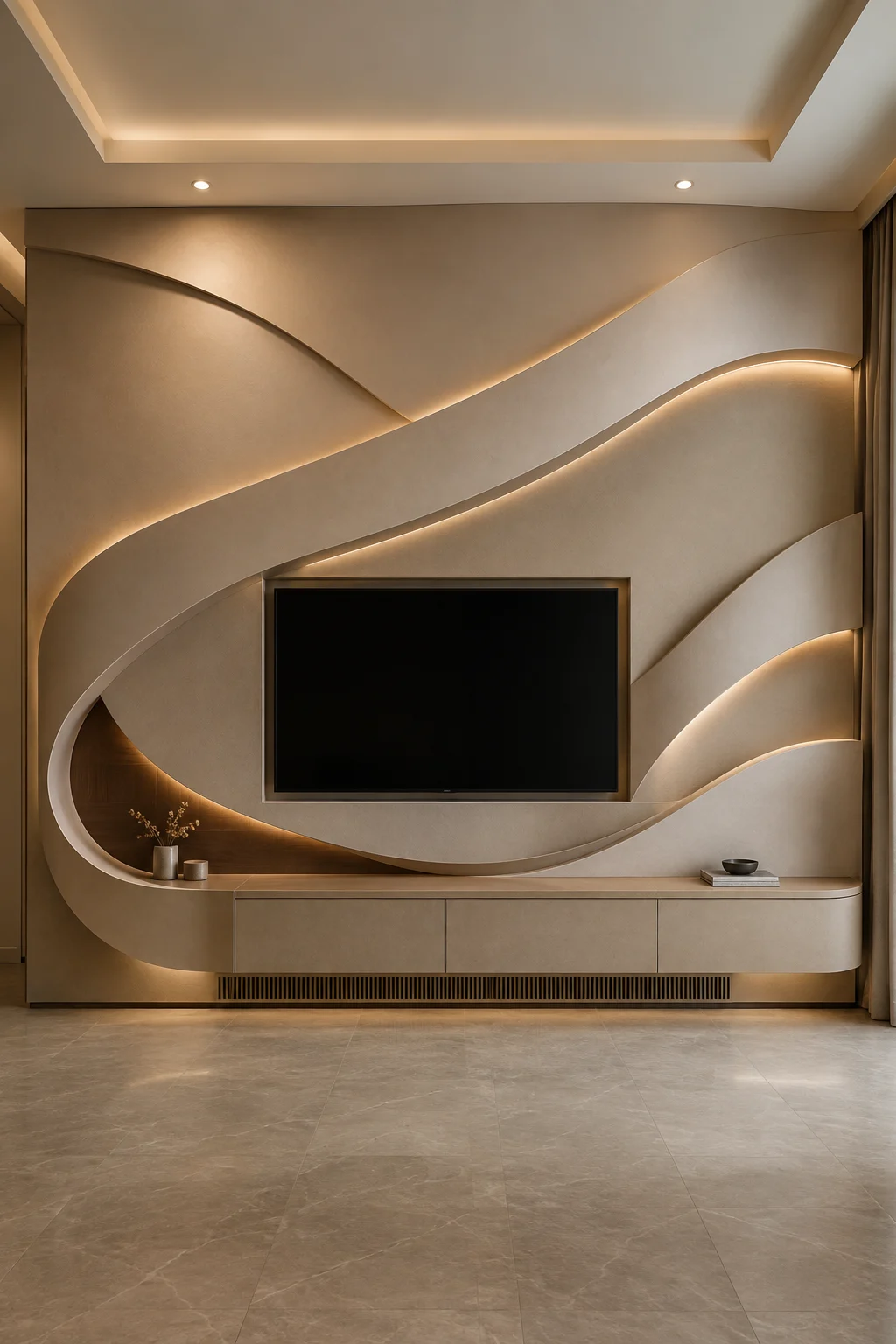 Modern architectural TV wall design featuring sculptural 3D ribbon panels flowing around a large mounted television, with layered curved surfaces, warm concealed LED lighting, seamless built in media storage, and a refined neutral finish for a stylish statement interior.