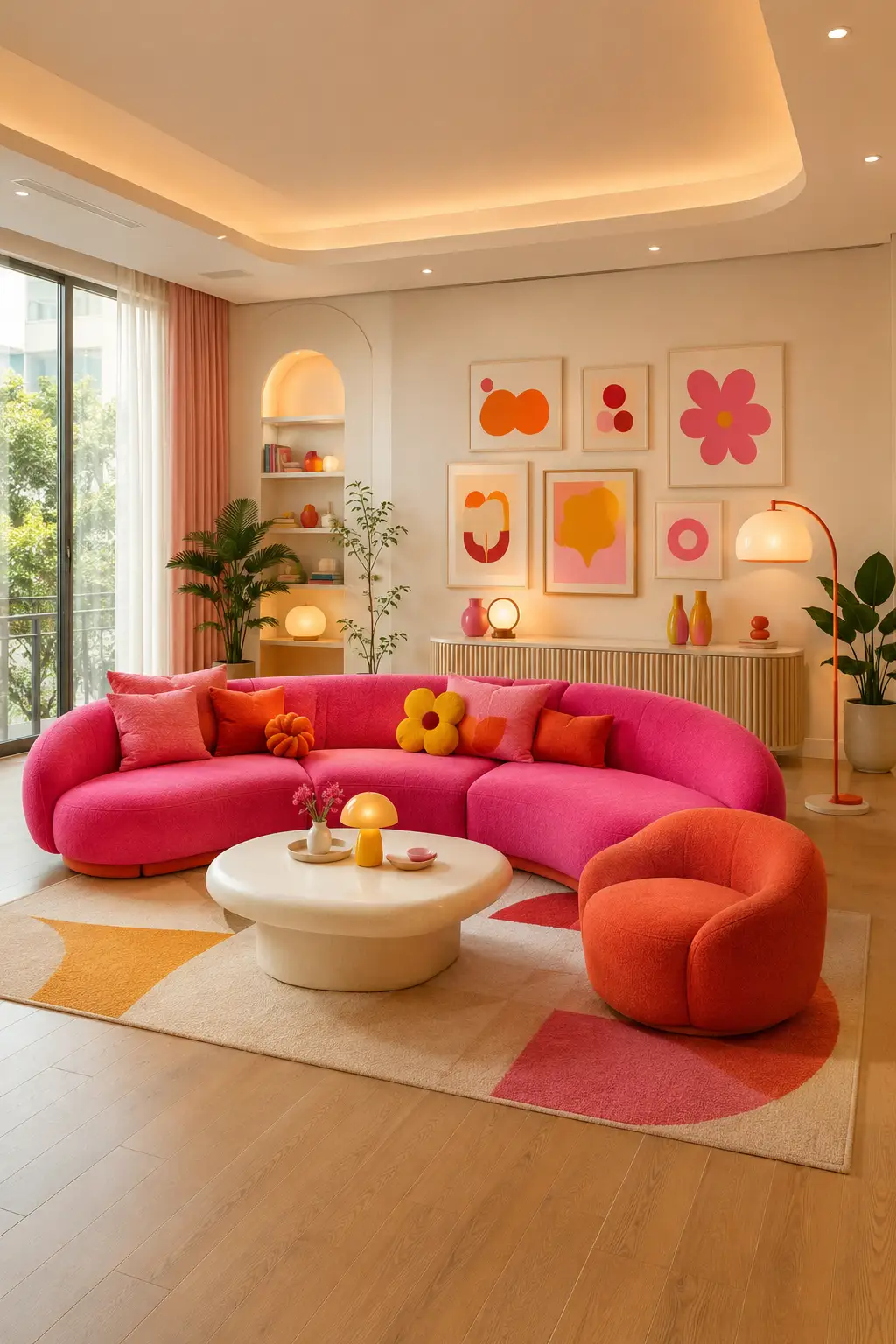 Bright Toca Boca inspired living room featuring a large curved hot pink sectional sofa as the main focal point, a rounded orange accent chair, cream sculptural coffee table, colorful geometric area rug, playful flower shaped cushions, abstract colorful wall art, warm pendant lighting, arched built in shelving, indoor plants, pink and orange decorative accessories, light wood flooring, and a modern contemporary layout captured in a full room view.
