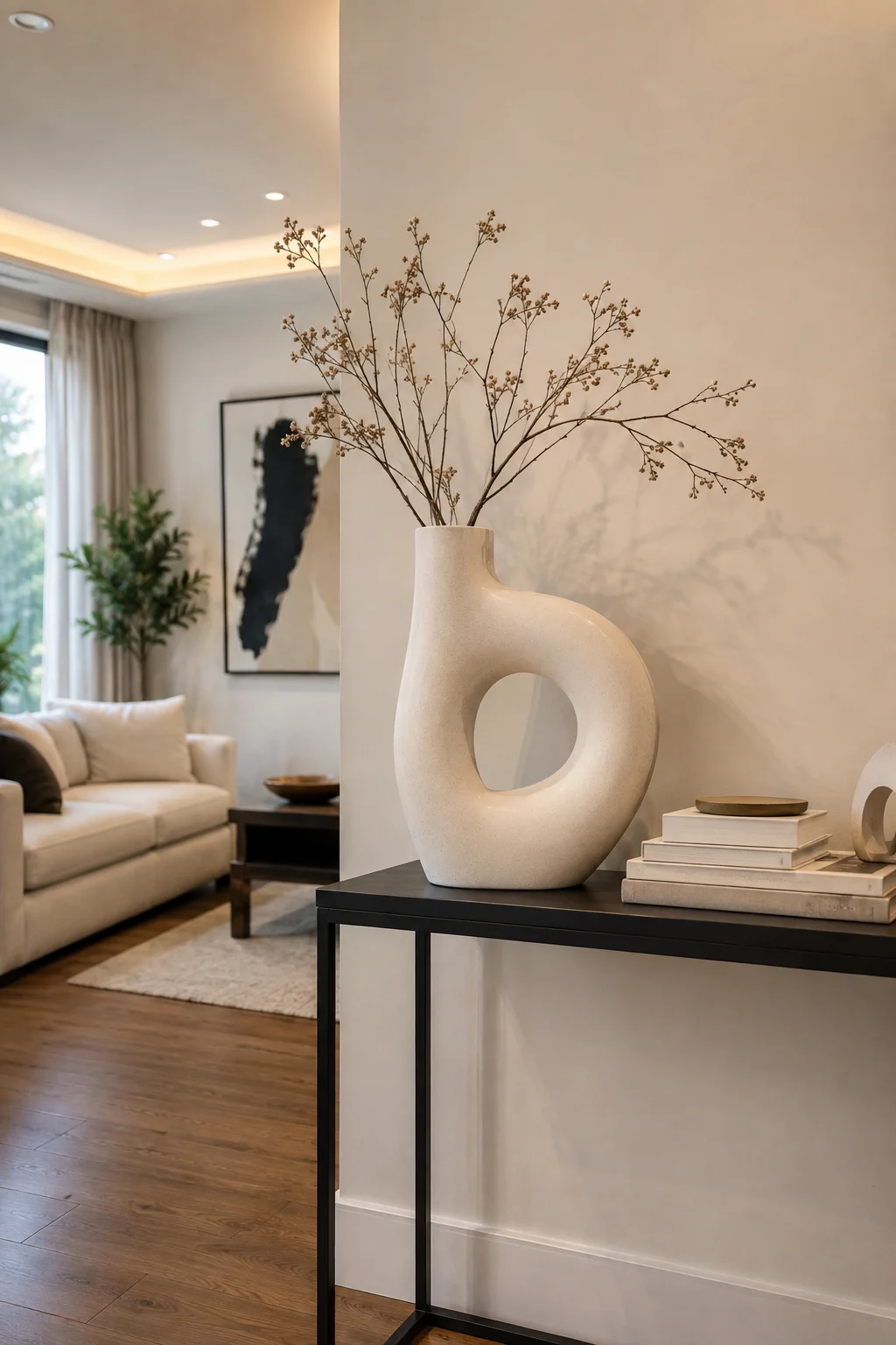 Modern living room styled with a large sculptural cream ceramic vase filled with tall natural branches on a sleek black console table, surrounded by stacked neutral books and minimalist decor, with a softly lit seating area and warm wood flooring creating an elegant contemporary home aesthetic.