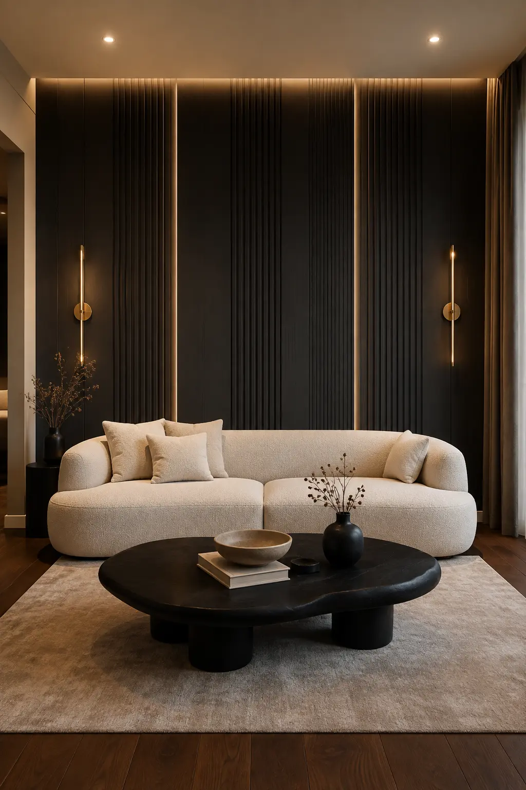 Ultra realistic luxury living room featuring a full deep charcoal accent wall with floor to ceiling vertical fluted panels, subtle recessed warm LED lighting, elegant brass wall sconces, large cream boucle sofa, sculptural black oval coffee table, neutral textured area rug, dark walnut flooring, floor length curtains, and sophisticated modern luxury interior styling.