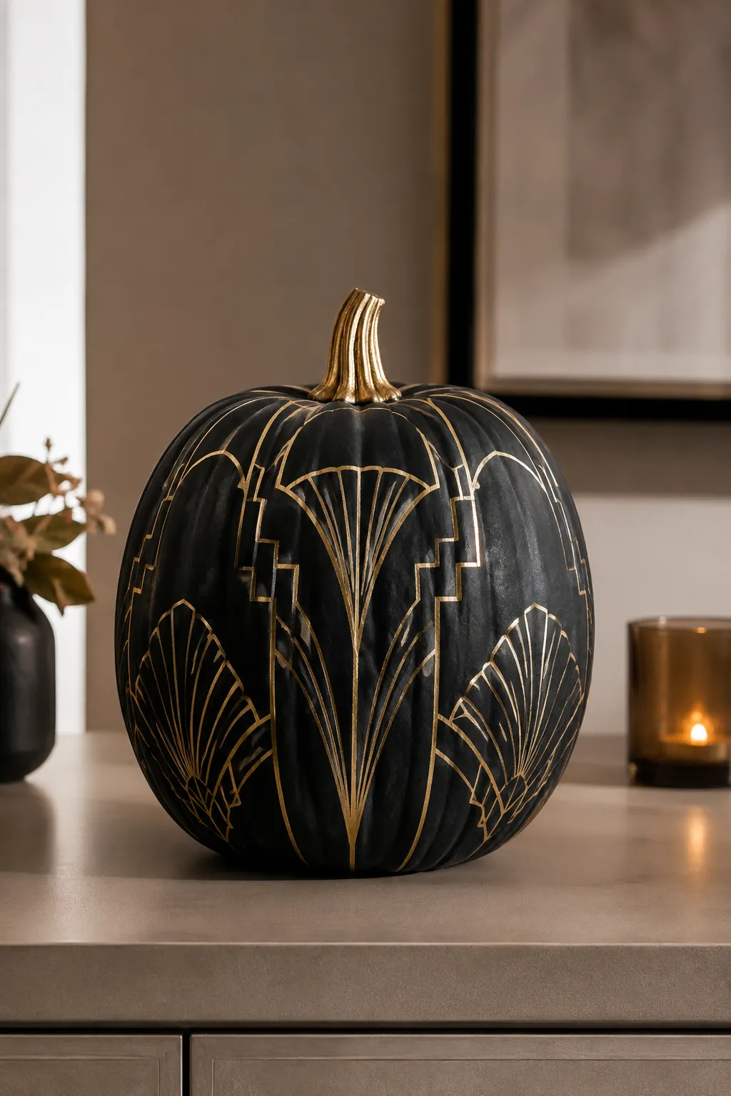 A real matte black pumpkin featuring intricate champagne gold Art Deco fan motifs, symmetrical geometric lines, and elegant metallic detailing, displayed on a modern neutral console with warm contemporary fall decor.