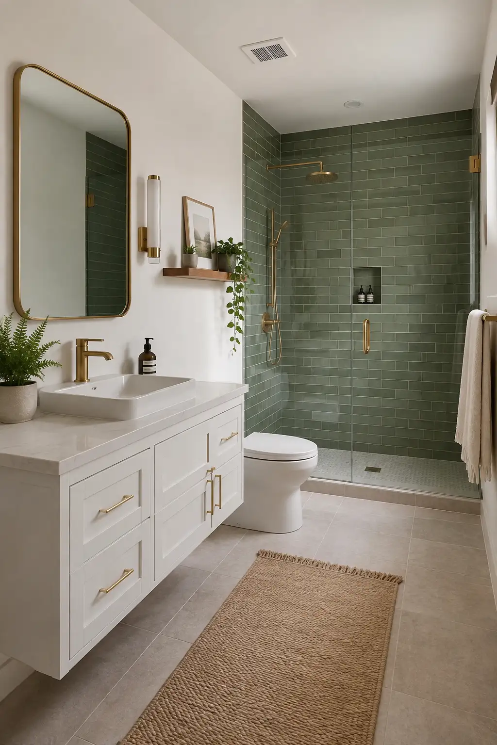 Modern sage green bathroom featuring deep muted sage subway tile covering the walk-in shower, brushed brass shower fixtures, brass framed rounded mirror, white shaker-style vanity, white countertop, ceramic sink, warm neutral floor tiles, cream towels, natural wood shelf, small greenery, and soft warm interior lighting. The full bathroom layout is visible from a wide three-quarter perspective.