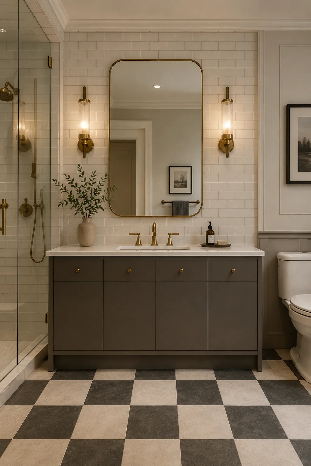 Modern vintage bathroom with a cream and charcoal checkerboard floor, dark taupe vanity, warm ivory subway tile walls, aged brass faucet and sconces, rounded brass-framed mirror, glass shower enclosure, and refined timeless bathroom decor.