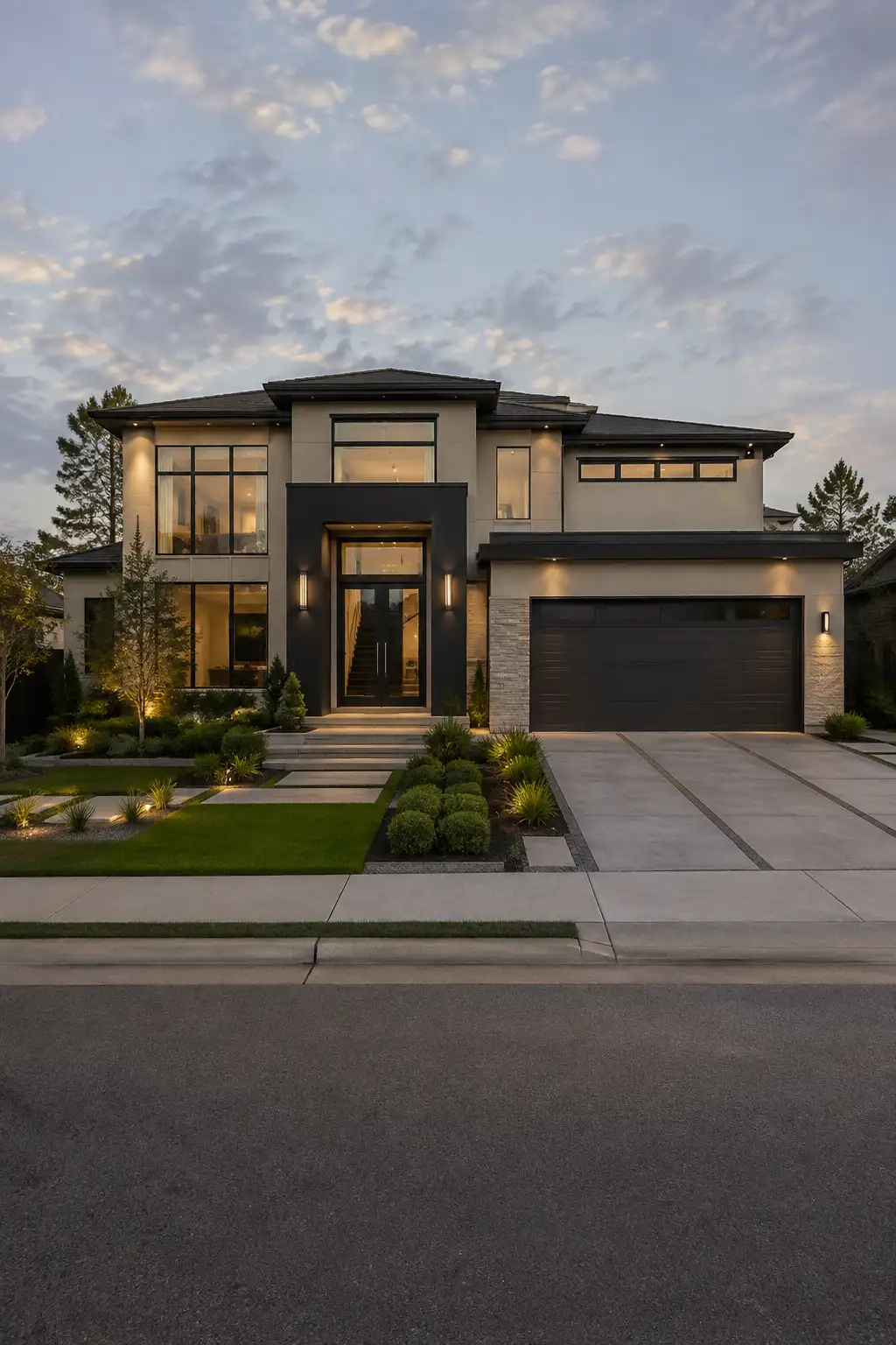 Luxury two story modern home with warm greige exterior paint, deep charcoal architectural accents around the entrance and garage, black framed windows, dark roofline, landscaped front yard, concrete driveway, and elegant contemporary facade.