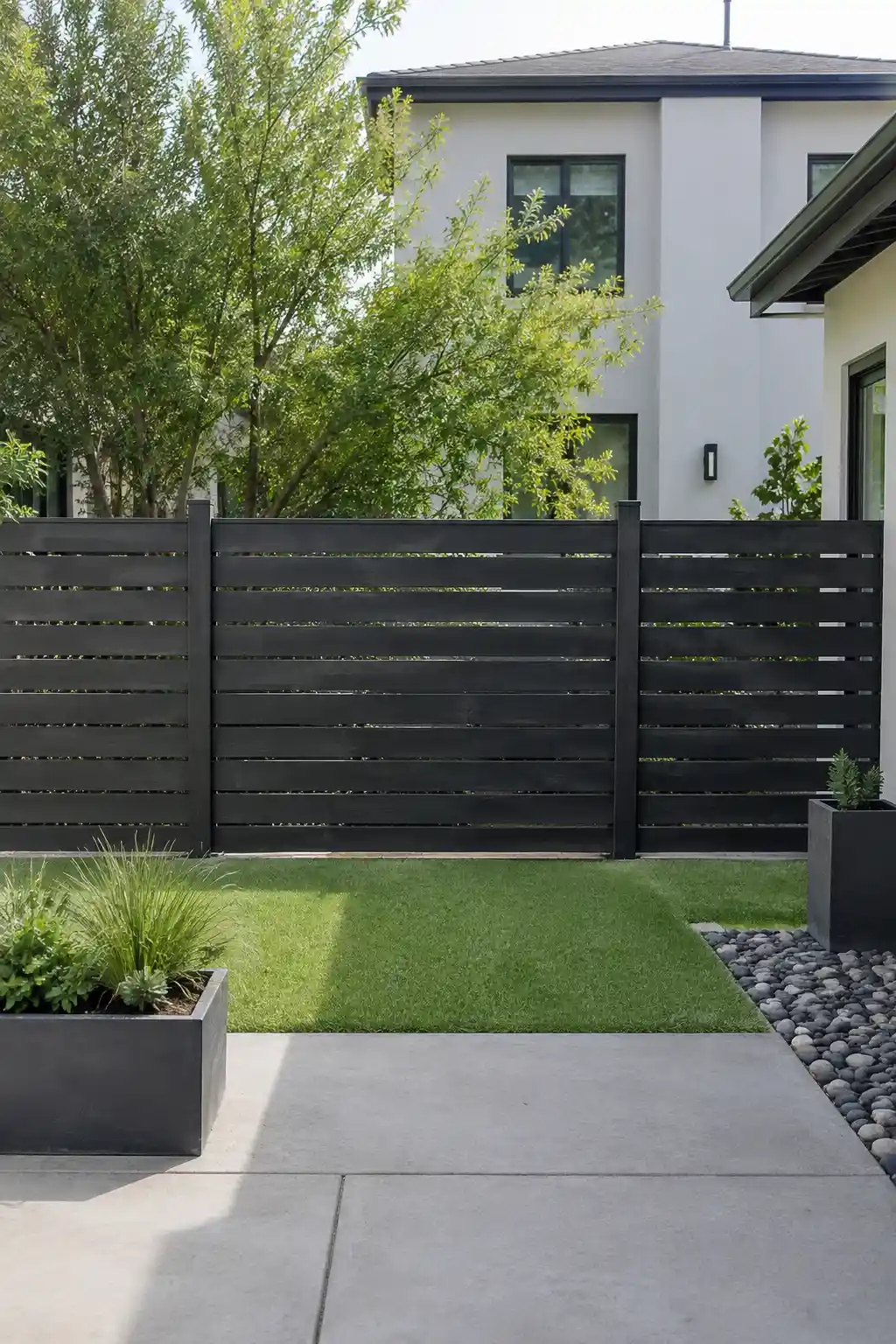 Modern charcoal horizontal slat fence with wide black boards and matching posts creating a sleek privacy barrier across a contemporary backyard, with a green lawn, concrete walkway, landscaped planters, and a modern white house in the background.
