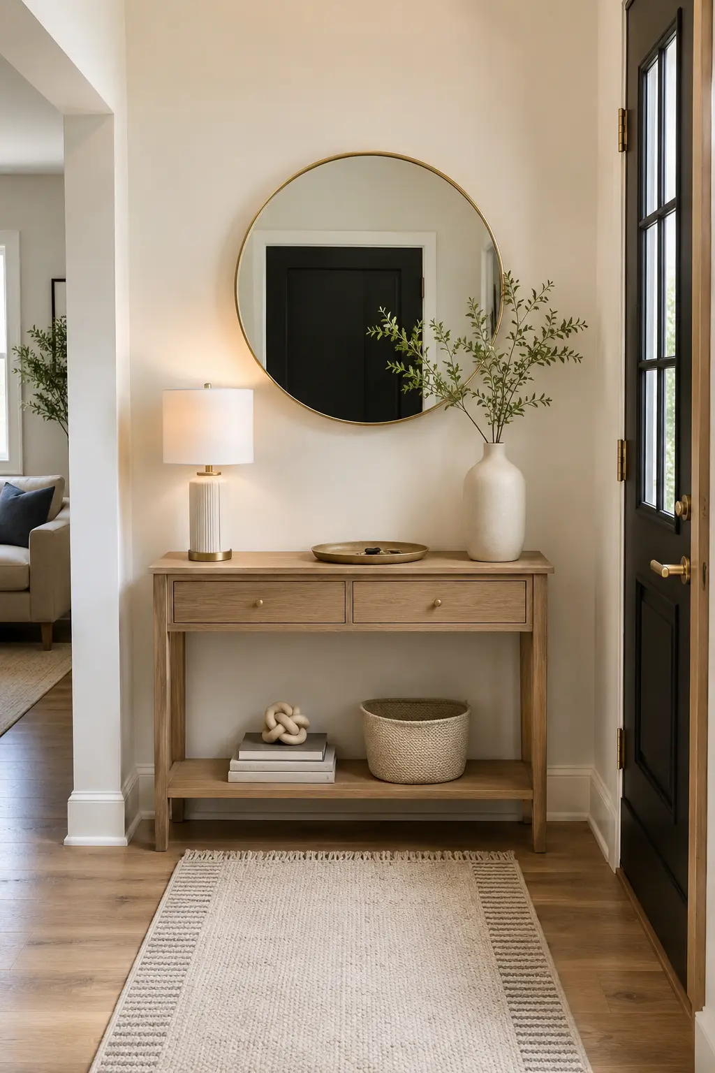 Modern small entryway featuring a slim natural wood console table with two drawers and an open lower shelf, large round mirror with a thin brass frame, warm cream walls, light oak flooring, soft table lamp, ceramic vase with delicate branches, shallow decorative tray, woven storage basket, stacked books, neutral textured runner, black entry door, and elegant contemporary entryway decor designed for a compact home.