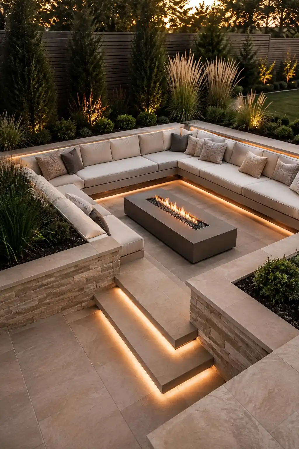 Modern sunken backyard lounge with a large cream U shaped sectional, sleek rectangular fire pit, warm recessed LED lighting under the seating and steps, neutral stone paving, layered ornamental grasses, privacy greenery, and contemporary landscaping designed for cozy outdoor entertaining.