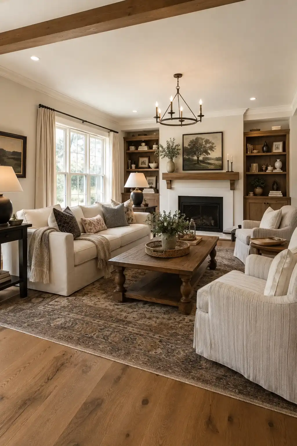 Joanna Gaines inspired living room featuring warm cream sofas, a rustic natural wood coffee table, built in wooden shelving, exposed ceiling beam, vintage patterned area rug, black fireplace, neutral curtains, landscape artwork, and layered farmhouse decor for a warm collected look.