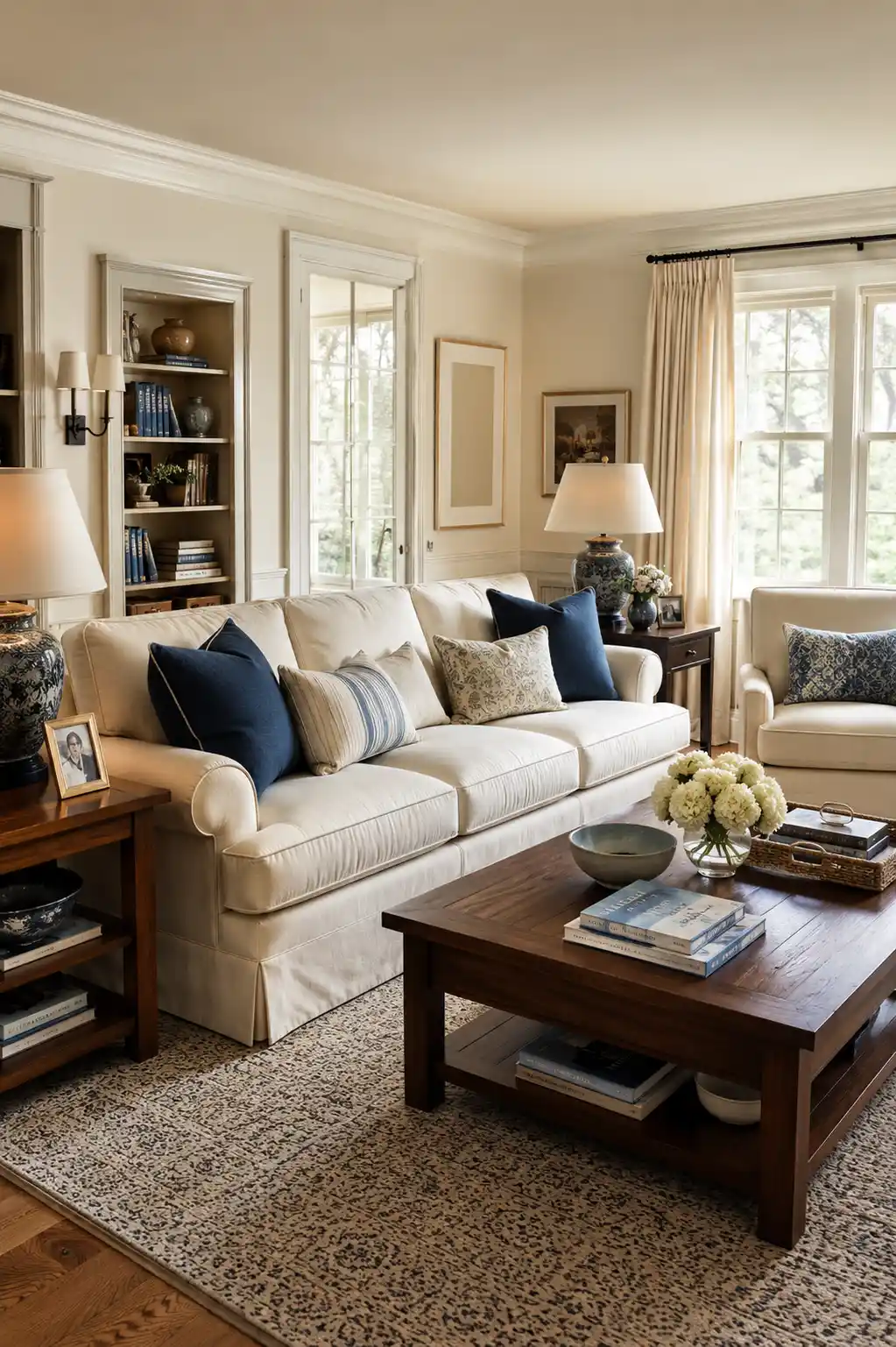 Nancy Meyers inspired living room featuring a plush cream sofa with tailored navy blue pillows, dark walnut coffee table, ceramic table lamps, built in shelving, framed artwork, patterned area rug, warm hardwood floors, and elegant floor length ivory curtains.