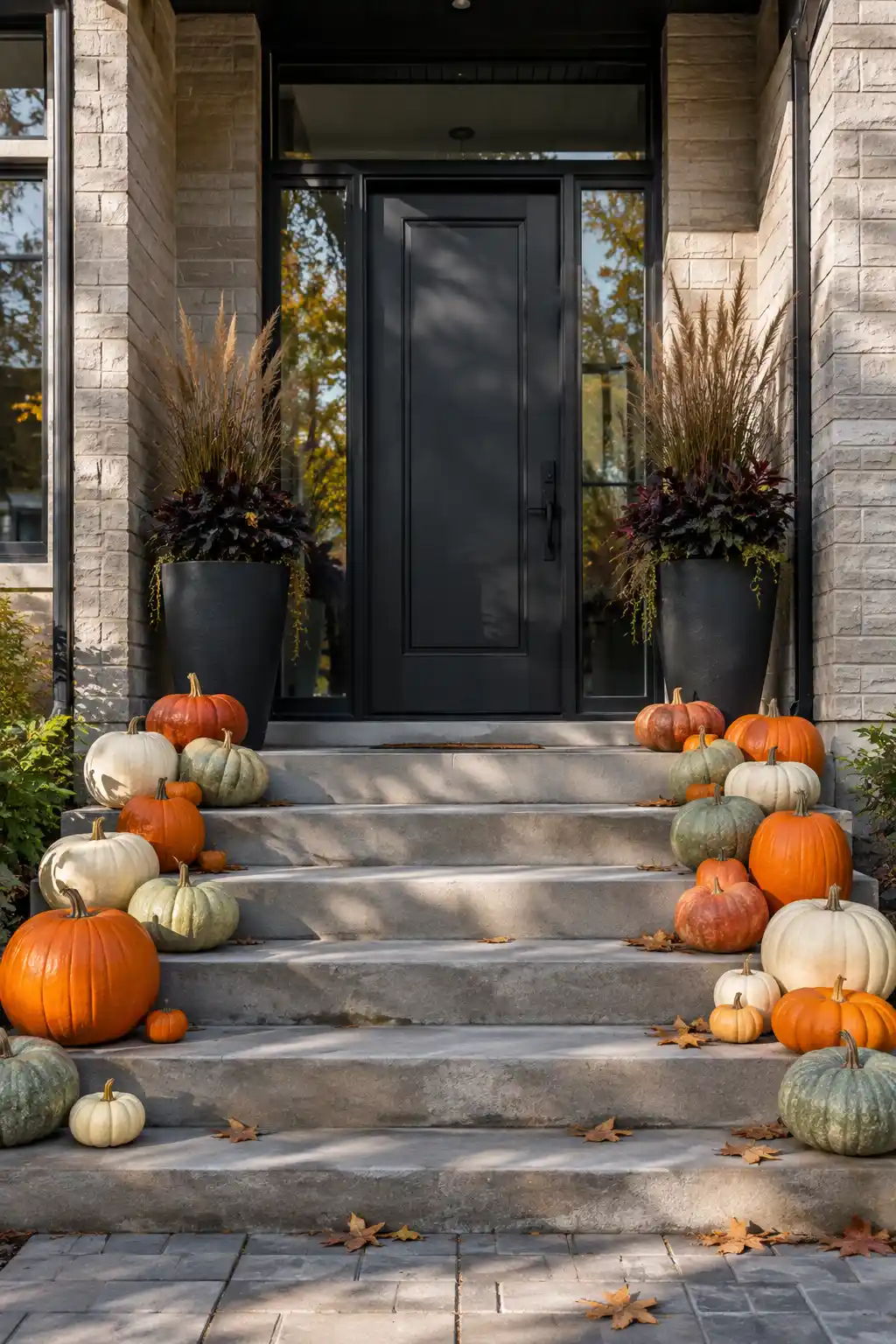 Modern outdoor fall decor featuring layered orange, cream, sage green, and copper pumpkins arranged along wide concrete front steps, with tall black planters filled with ornamental grasses and burgundy foliage framing a contemporary dark front door.
