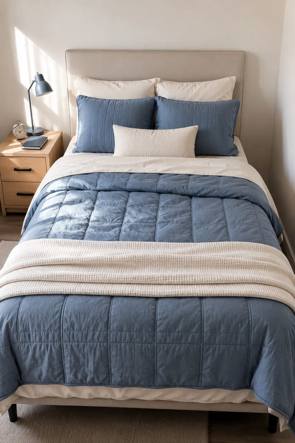 Soft blue dorm bedding idea featuring a quilted dusty blue comforter, crisp white sheets, matching blue pillows, a cream lumbar cushion, and a textured cream throw layered across a neatly styled college dorm bed with light wood furniture.