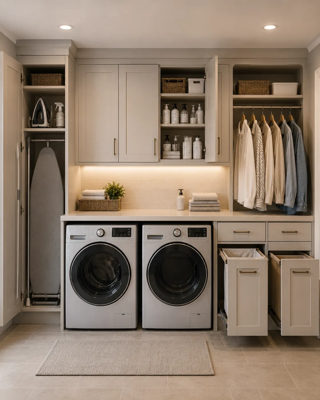Modern laundry room organization with floor to ceiling cabinets, front loading washer and dryer, built in storage, hidden laundry hampers, dedicated ironing board cabinet, hanging space, folding counter, and neatly organized laundry supplies in a bright neutral space.