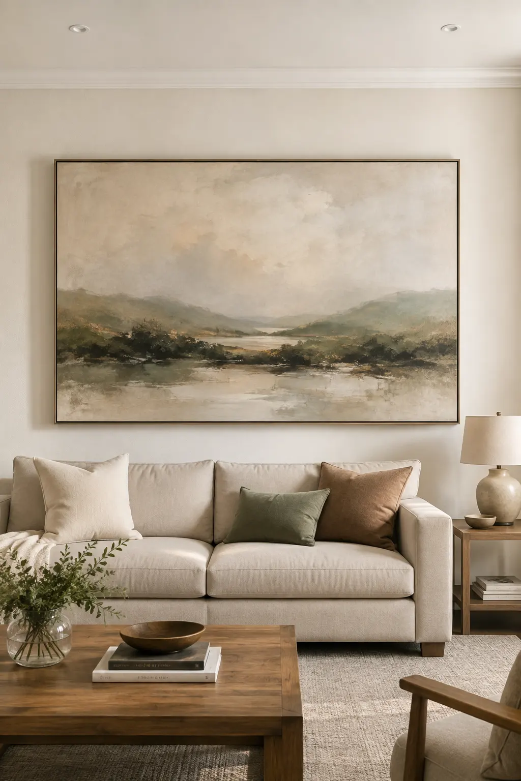 Sophisticated living room wall decor featuring one oversized landscape artwork centered above a cream sofa, styled with muted green and taupe cushions, warm wood furniture, a neutral area rug, and elegant contemporary accents for a polished feature wall.