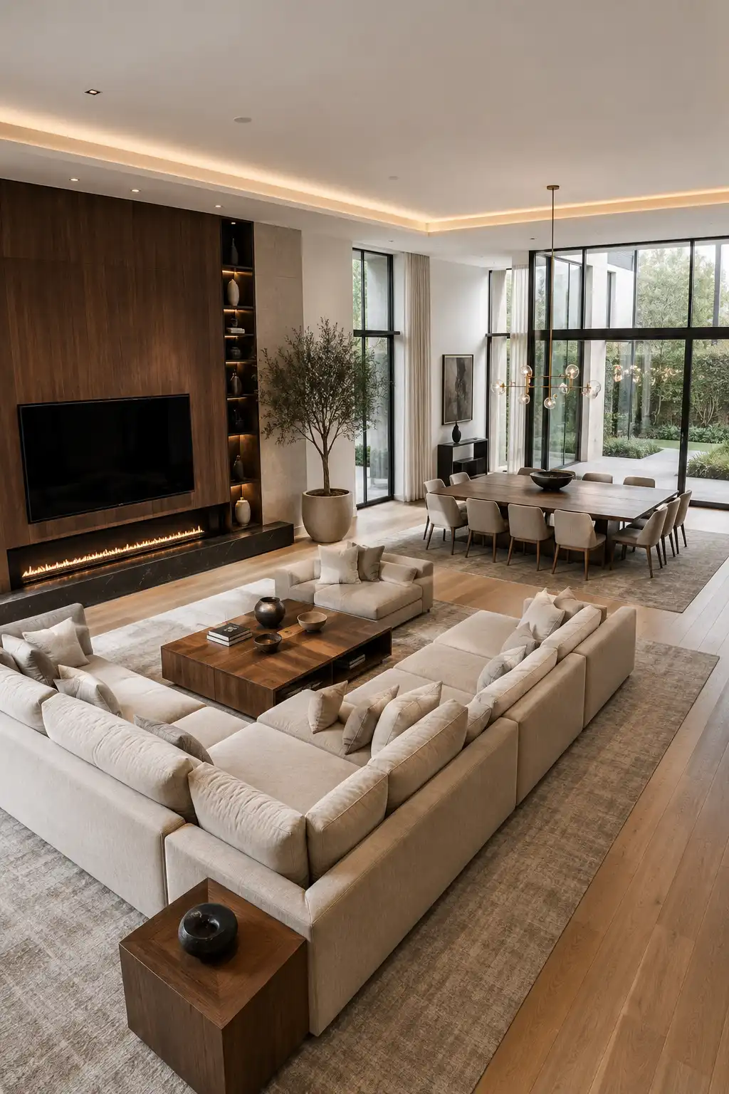 Contemporary luxury open layout living room dining room featuring a full height walnut feature wall with a floating TV unit and sleek linear fireplace, oversized ivory sectional sofa, natural stone coffee table, elegant eight seat dining table, sculptural chandelier, floor to ceiling black framed windows, light oak flooring, warm neutral color palette, layered lighting, and modern luxury home decor with seamless open concept design.