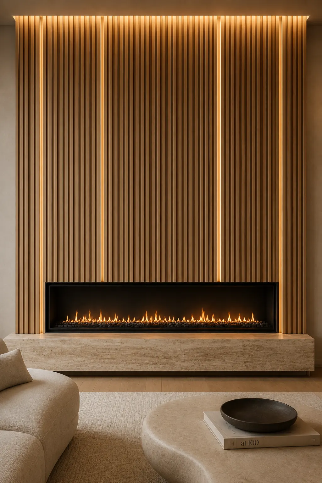 Modern fluted wood fireplace wall with vertical oak slats, integrated warm LED lighting, sleek linear fireplace, floating stone hearth, premium neutral furniture, and a sophisticated contemporary living room designed with natural materials and luxury finishes.