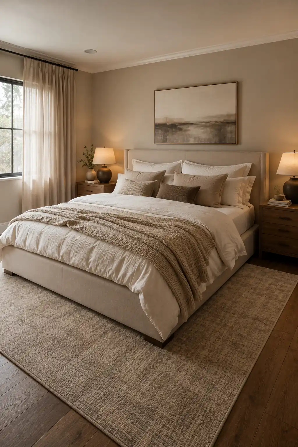 Cozy adult bedroom with layered ivory bedding, textured beige and taupe pillows, casually draped woven throw, cream upholstered bed, warm wood nightstands, dark ceramic lamps, large neutral area rug, and soft sheer curtains filtering natural light.