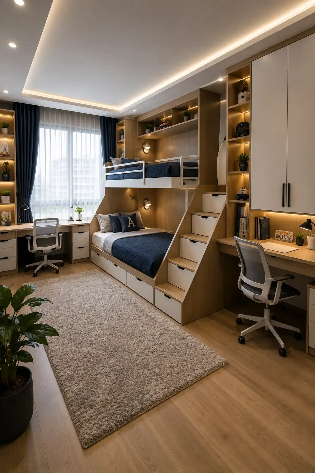 Shared kids room renovation featuring modern built in bunk beds, staircase storage drawers, two dedicated study desks, custom wardrobes, illuminated display shelves, navy bedding, light wood finishes, hidden under bed storage, and an open central floor area for siblings.