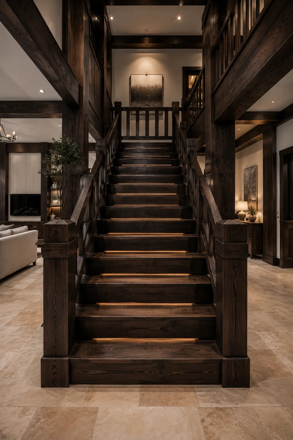 Luxury dark interior staircase featuring deep dark oak wooden steps, oversized square timber posts, matching dark railings, heavy exposed wood beams, warm LED lighting beneath every tread, light stone flooring, soft ambient illumination, and dramatic Minecraft inspired block style architecture.