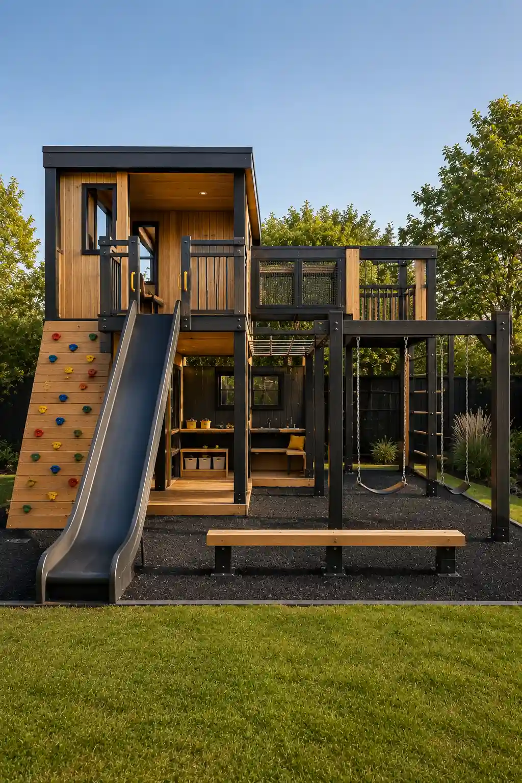 Modern backyard playground with multiple play zones featuring a raised wooden playhouse, warm natural wood siding, matte black structural framing, angled climbing wall with colorful climbing holds, long modern slide, connected elevated platform, two swings, rope climbing elements, lower-level children's play area with storage and activity space, black safety flooring, green lawn, mature trees, and contemporary residential landscaping.