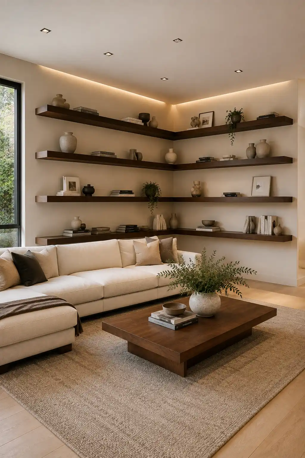 Modern living room featuring a corner floating shelf installation that wraps continuously across two adjoining walls, creating a custom built-in appearance. Multiple long walnut shelves follow the corner with consistent spacing and concealed mounting, forming a seamless architectural display. Neutral ceramic vases, books, framed artwork, sculptural objects, and trailing plants are arranged across the shelves, while a large cream sectional sofa, walnut coffee table, textured rug, and warm recessed lighting create an elegant contemporary atmosphere.