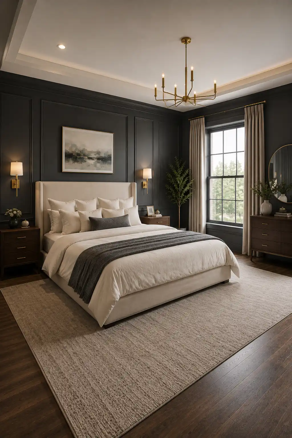 Sleek contemporary bedroom featuring deep charcoal gray painted walls with elegant architectural panel molding, a large cream upholstered bed dressed in layered ivory bedding and charcoal accent textiles, dark walnut nightstands, warm brass wall sconces, a modern brass chandelier, floor-to-ceiling beige curtains, a large textured neutral rug, dark hardwood flooring, framed artwork, and natural daylight creating a dramatic luxury bedroom.