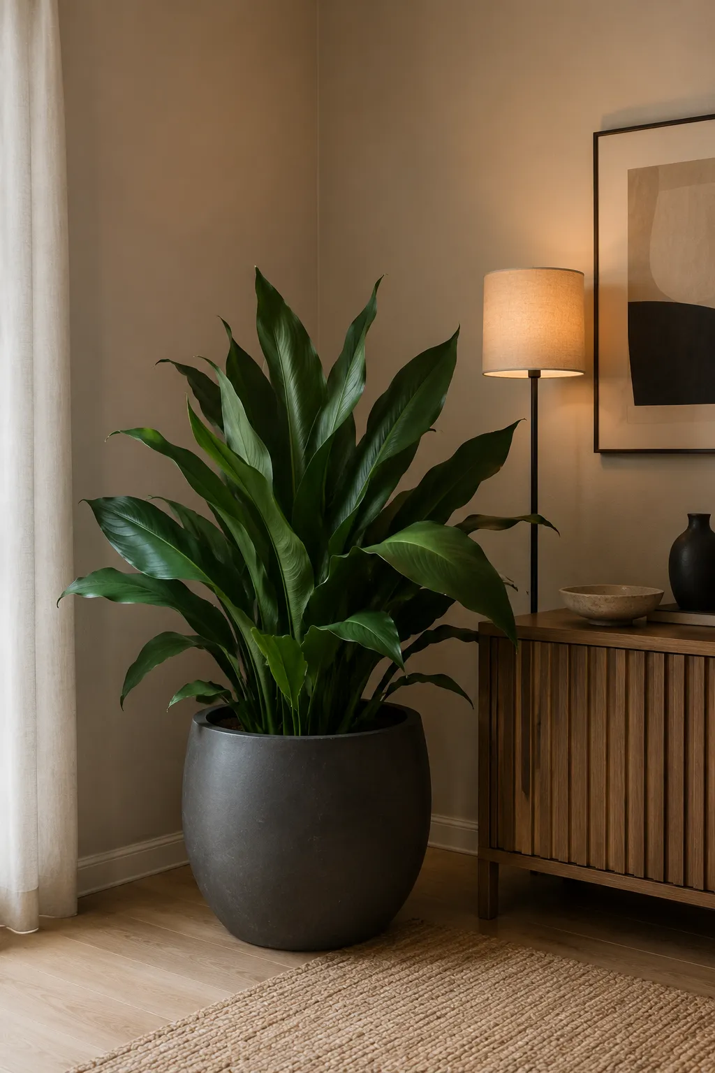 Mature Cast Iron Plant with broad deep green leaves growing densely from a large dark rounded planter in a softly lit living room corner beside a wooden cabinet, warm table lamp, framed artwork, neutral rug, and cream curtains.