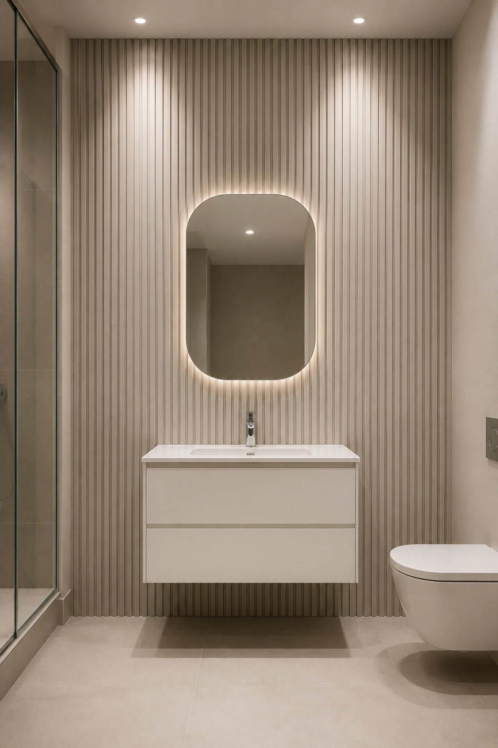 Contemporary small bathroom featuring floor to ceiling vertical fluted wall paneling in a sophisticated warm greige finish behind a floating white vanity. A softly rounded illuminated mirror, minimalist chrome faucet, pale porcelain flooring, clear glass shower, wall mounted toilet, and recessed ceiling lighting emphasize height and create a refined designer bathroom aesthetic.