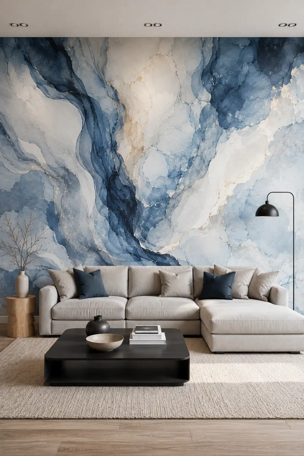 Contemporary living room featuring dramatic flowing blue abstract wallpaper with layered watercolor-like shapes in navy, muted blue, pale gray, white, and warm beige, styled with a large cream sectional sofa, black coffee table, blue accent cushions, neutral rug, and modern black lighting.