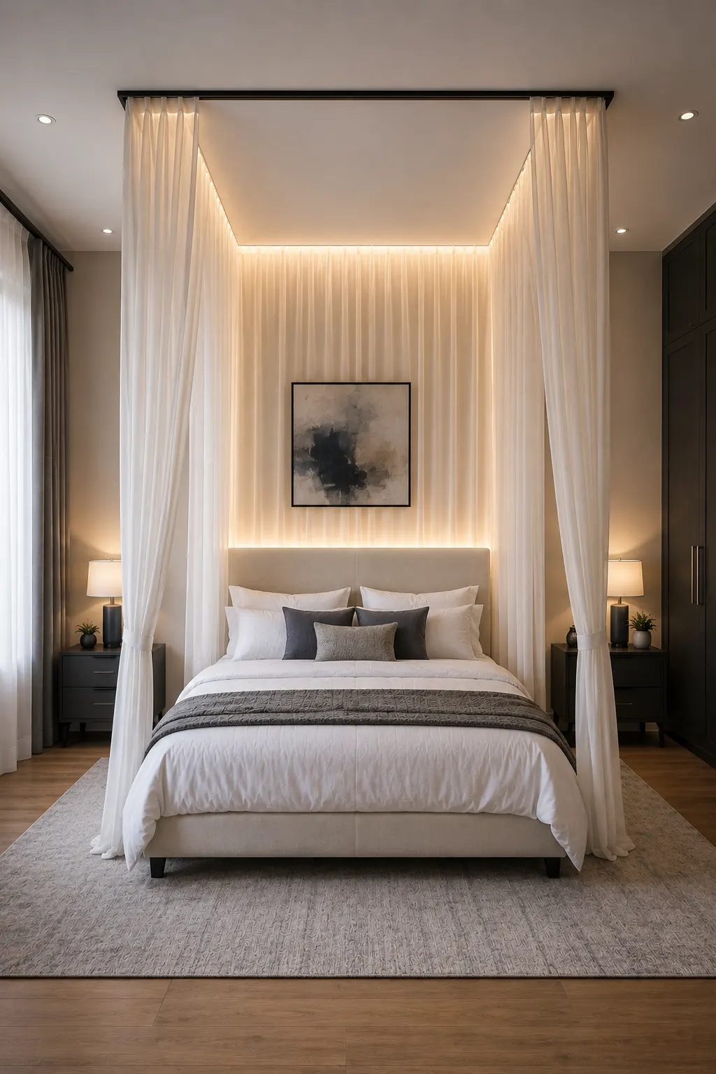 Modern teen bedroom featuring a minimalist canopy bed with a clean ceiling mounted frame and long sheer cream curtains draped elegantly around the sides. Warm hidden lighting creates a soft glow behind the fabric, while the room includes a neutral upholstered bed, black nightstands, contemporary lamps, simple wall artwork, soft gray bedding, and sophisticated modern bedroom decor.