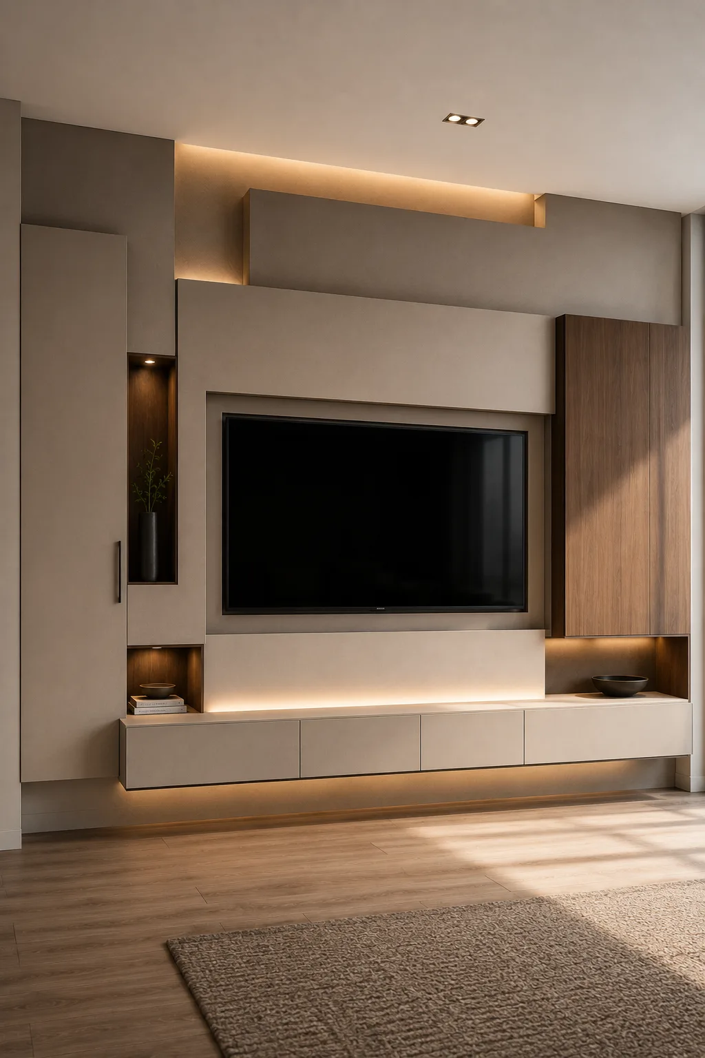 Modern TV wall featuring overlapping architectural blocks arranged at different depths around a recessed television, with warm wood cabinetry, illuminated display niches, concealed storage, floating drawers, and integrated lighting for a functional statement media wall.