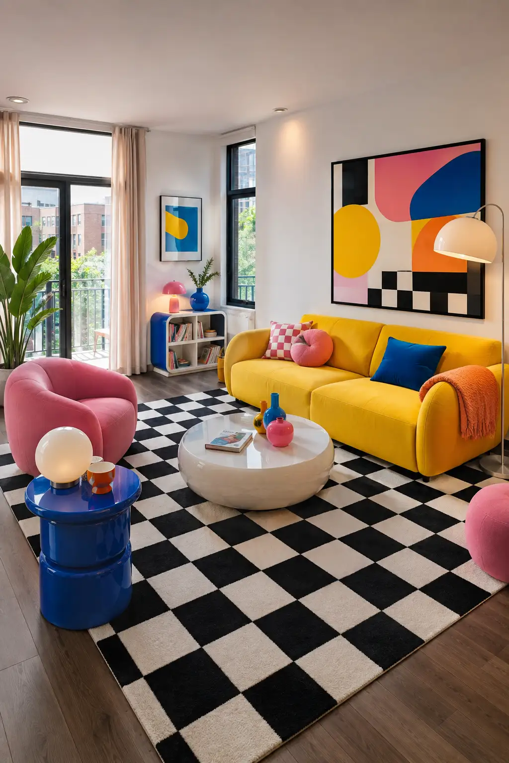Eye catching Toca Boca inspired living room featuring a bright yellow sofa, rounded pink accent chair, bold black and cream checkerboard area rug, glossy blue side table, white sculptural coffee table, colorful geometric abstract wall artwork, blue and pink cushions, modern floor lamp, indoor tropical plant, contemporary shelving, large windows, warm wood flooring, and playful colorful furniture arranged in a complete modern living room view.