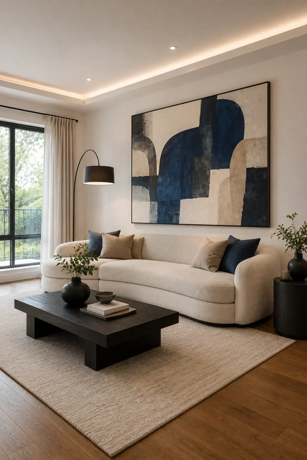 Modern living room with a large oversized abstract wall art piece featuring bold navy, black, beige, and cream geometric shapes above a curved cream sofa, paired with a dark wood coffee table, neutral textured rug, black floor lamp, and natural greenery.