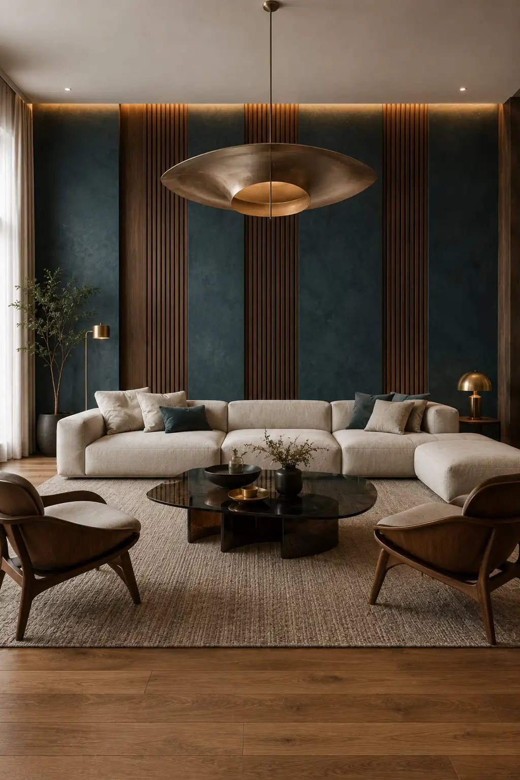 Sophisticated contemporary living room featuring a deep slate blue accent wall with alternating vertical walnut slat panels, warm concealed LED lighting, large sculptural bronze pendant light, oversized ivory sectional sofa, dark round glass coffee table, curved walnut lounge chairs, neutral textured rug, warm oak flooring, and luxury modern interior styling.
