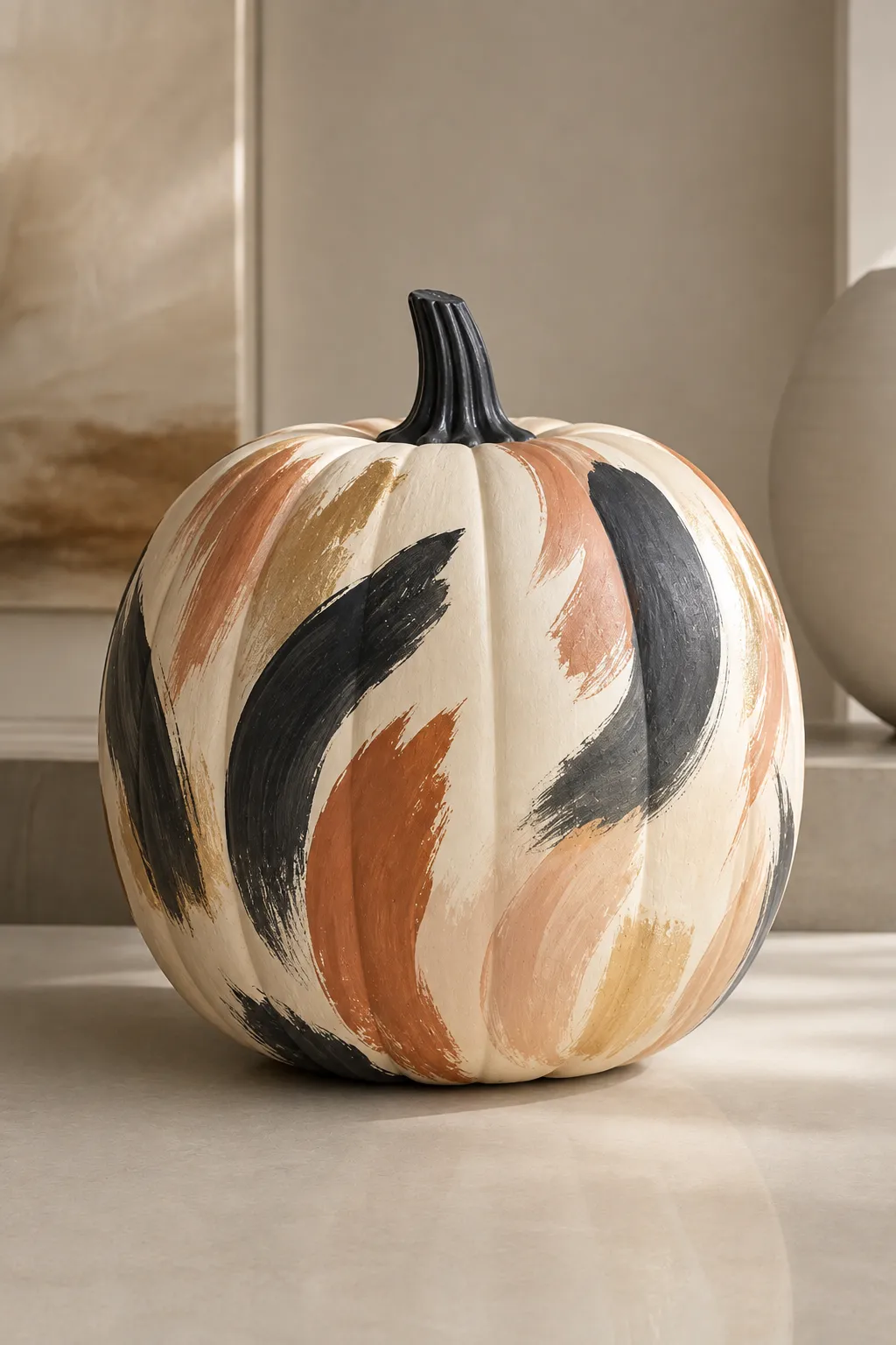A warm ivory pumpkin decorated with expressive abstract brushstrokes in charcoal black, terracotta, soft blush, and muted gold, creating a contemporary hand-painted artwork effect for stylish fall decor.