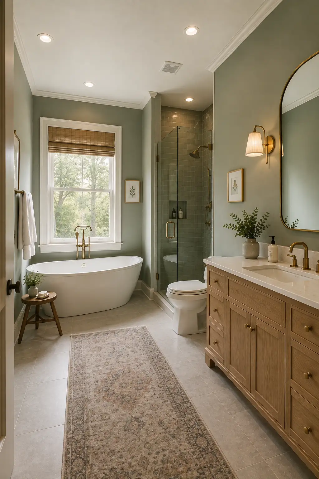 Elegant sage green bathroom featuring muted sage green walls surrounding a freestanding white bathtub, natural light oak vanity, white countertop and ceramic sink, large rounded brass-framed mirror, brushed brass bathtub filler, brass faucet and wall sconces, glass shower enclosure, white toilet, large window with natural greenery outside, neutral stone-look flooring, patterned runner, and botanical accents.