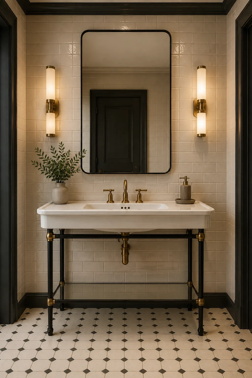 Elegant vintage bathroom with a white porcelain console sink on a slim black metal frame, warm cream subway tile, antique brass plumbing, black architectural trim, rounded mirror, brass sconces, and geometric vintage floor tile.