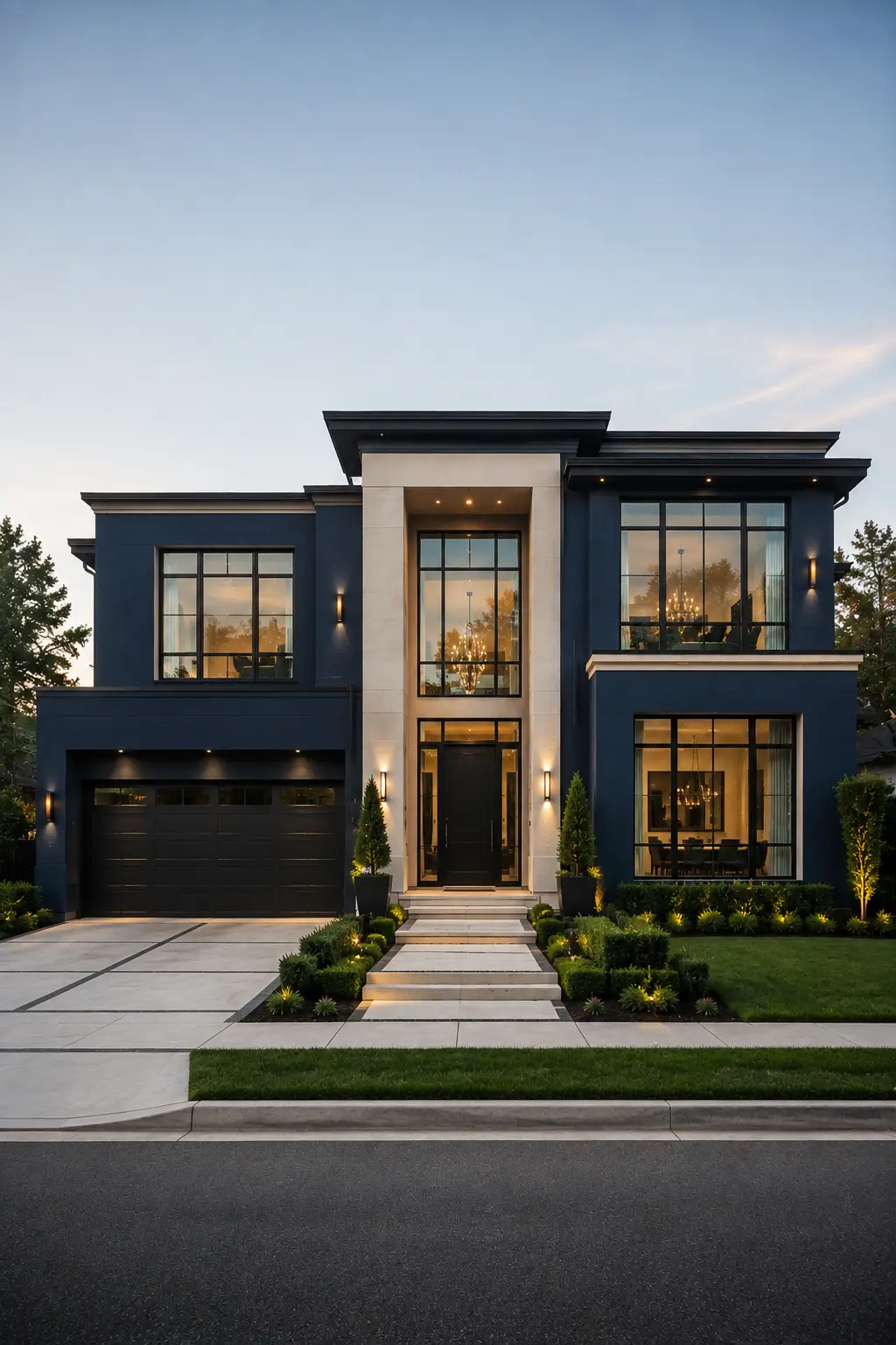 Luxury contemporary home with deep muted navy exterior paint, warm ivory entrance surround, black framed windows, dark garage door, modern geometric facade, manicured lawn, structured shrubs, concrete driveway, and warm evening architectural lighting.
