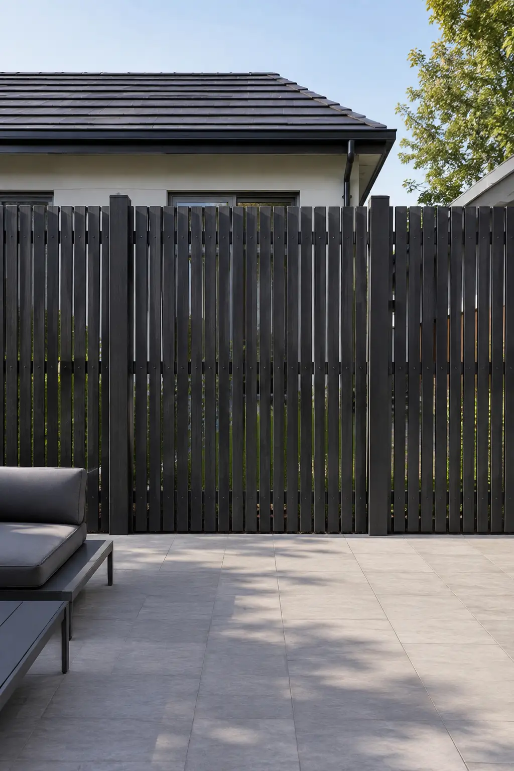 Tall contemporary privacy fence made from evenly spaced dark vertical slats with subtle gaps, creating a sleek architectural boundary around a modern patio with large concrete tiles, mature greenery, and a clean white house.