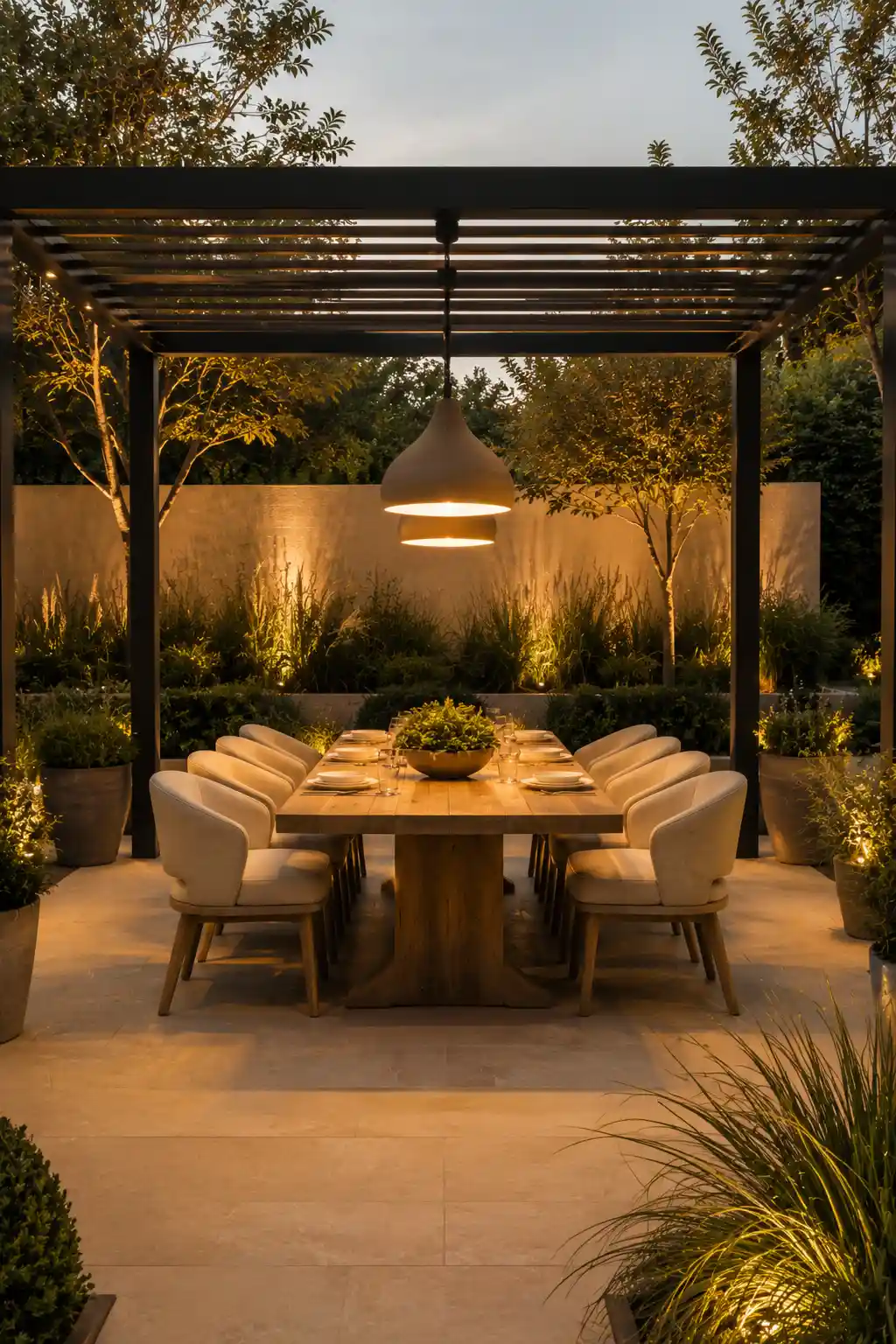 Modern outdoor dining area beneath a sleek black pergola with a long wood dining table, soft upholstered chairs, oversized pendant lights, neutral stone paving, potted greenery, mature trees, ornamental grasses, and warm landscape lighting for golden hour entertaining.