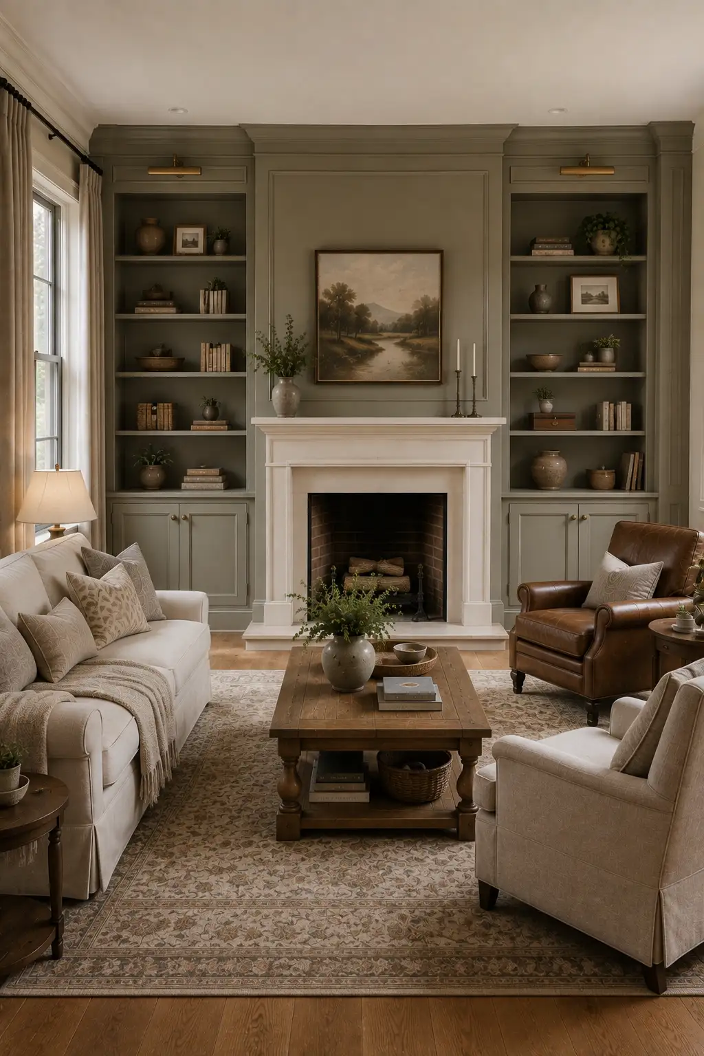 Joanna Gaines style living room with a classic white fireplace surrounded by muted green built in bookshelves and cabinets, cream sofa and armchair, rich brown leather chair, rustic wood coffee table, vintage area rug, landscape artwork, books, pottery, and greenery.