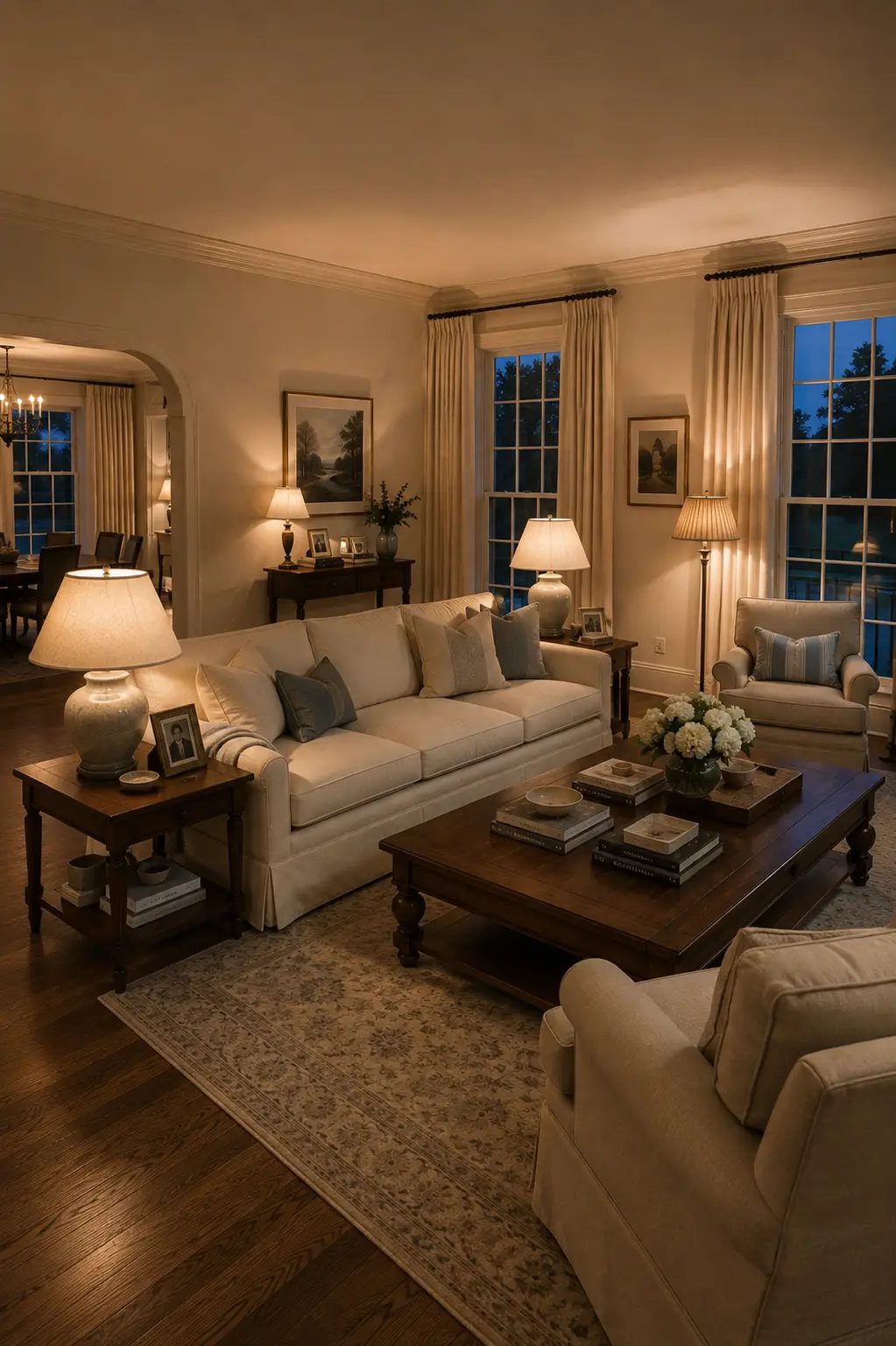 Warm evening Nancy Meyers inspired living room with a cream sofa and armchairs, layered ceramic table lamps, traditional floor lamp, dark wood coffee and side tables, soft blue pillows, framed artwork, ivory curtains, and a cozy golden nighttime glow.