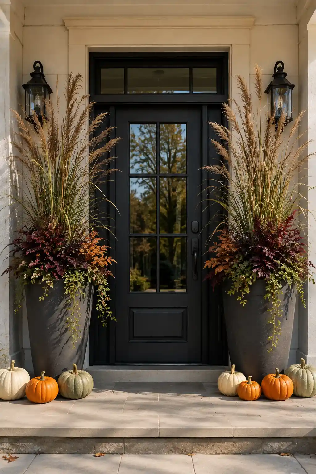 Modern front door fall decor featuring two oversized charcoal planters filled with tall ornamental grasses, burgundy foliage, copper leaves, and trailing greenery, finished with cream, orange, and sage pumpkins along the porch floor.