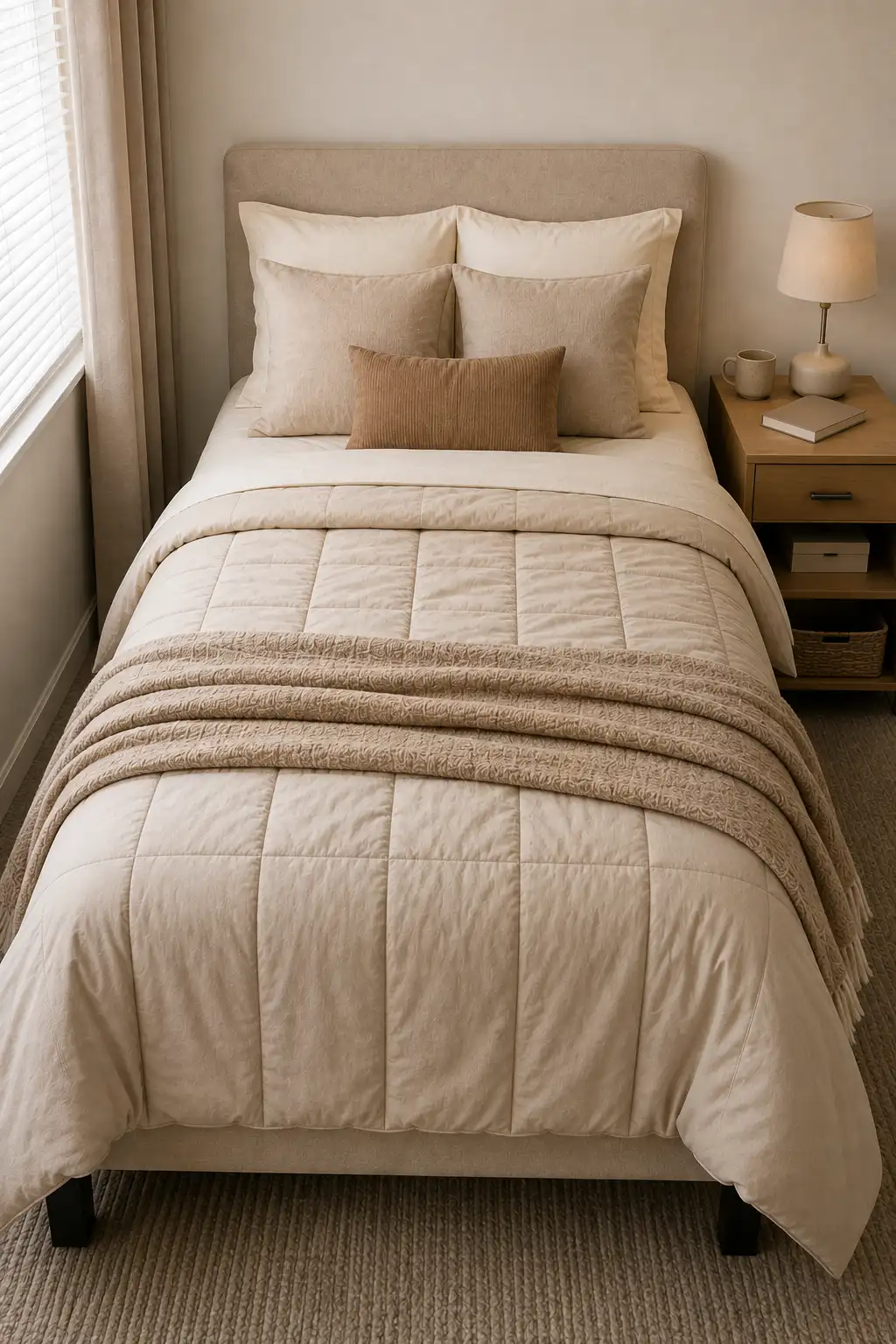 Cream and oatmeal dorm bedding idea featuring a quilted neutral comforter, ivory pillows, soft sand colored accent cushions, a warm oatmeal lumbar pillow, and a textured beige throw for a cozy layered college dorm bedroom.