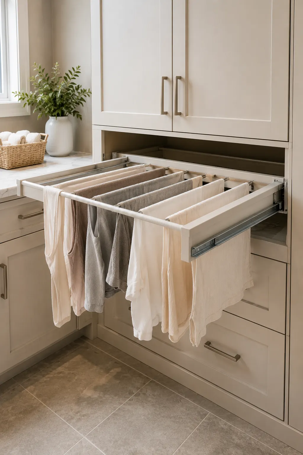 Modern laundry room with a built in pull out drying rack extended from the cabinetry, featuring multiple rails for air drying shirts, towels, and delicate clothing while providing a compact alternative to a freestanding clothes drying rack.
