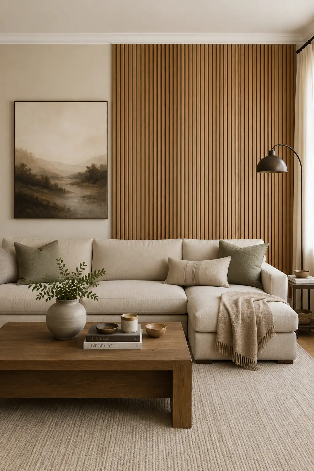 Contemporary living room wall decor featuring warm vertical wood slat panels across one side of the feature wall, paired with oversized landscape artwork, a cream sectional sofa, and coordinated natural wood furniture.
