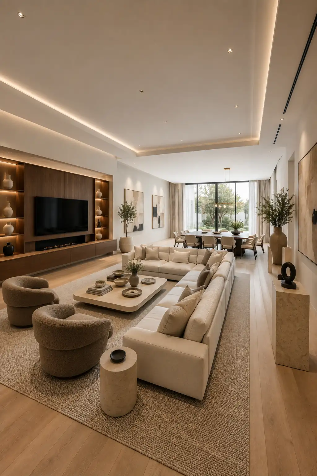 Balanced open layout living room dining room featuring a large ivory sectional sofa, floating walnut TV wall, elegant fireplace, spacious dining table with upholstered chairs, modern pendant lighting, expansive windows, layered lighting, oak flooring, and sophisticated luxury open concept interior.